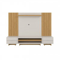 Manhattan Comfort 3-400451400551 Cornwall 98.41 Modular Entertainment Center with Overhead Shelf and Drawers in Off White and Cinnamon Light Brown